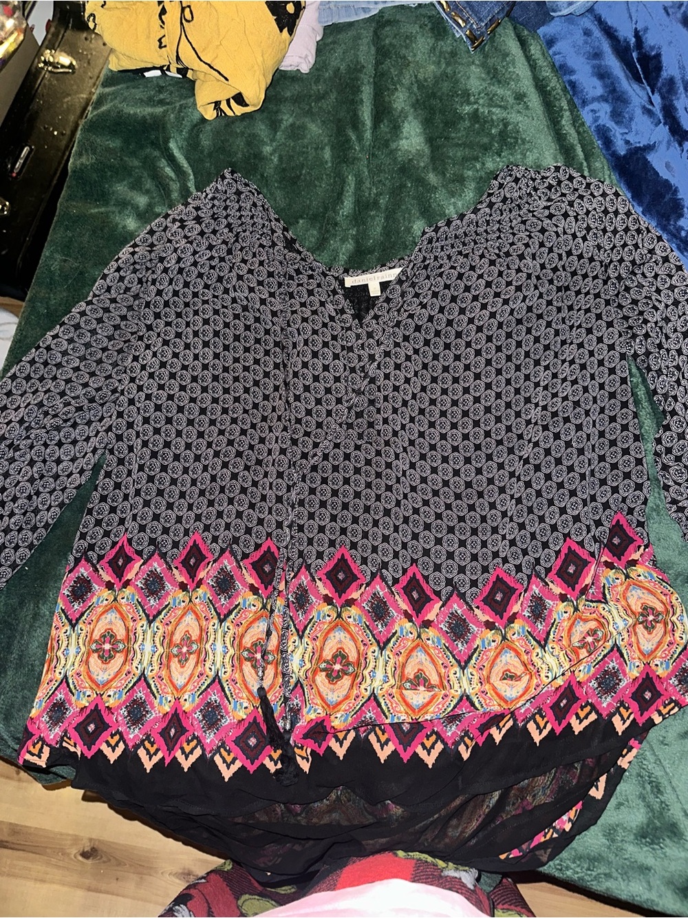 Daniel Rainn Black Geometric Blouse with Pink and Orange Border